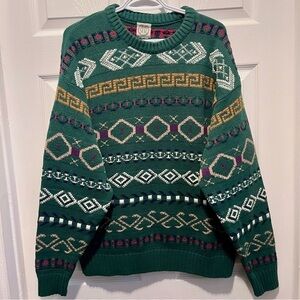 Vintage R & R Sweater Pull Knit 80’ geometric pattern Medium Men Grandpa green